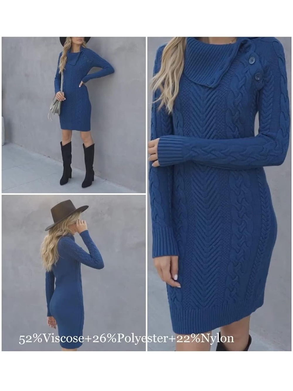 Blue Cable Knit Sweater Dress with Button Collar